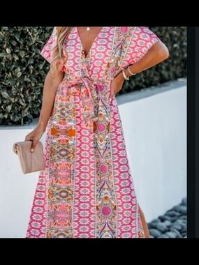 Source Unknown Pink Printed Maxi Dress with Tie Waist